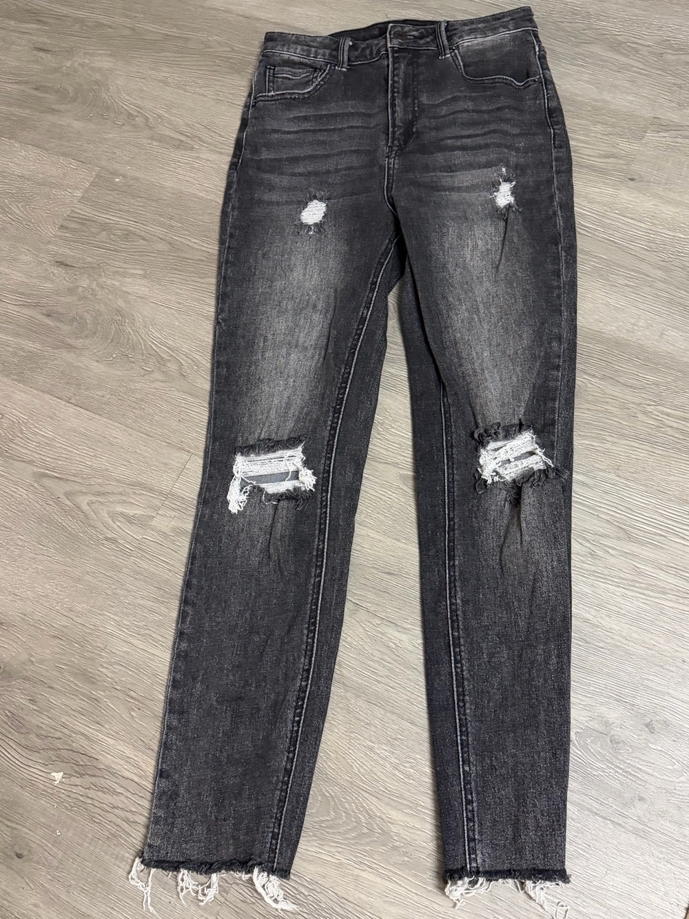 Risen Distressed Black Straight Leg Jeans Raw Hem